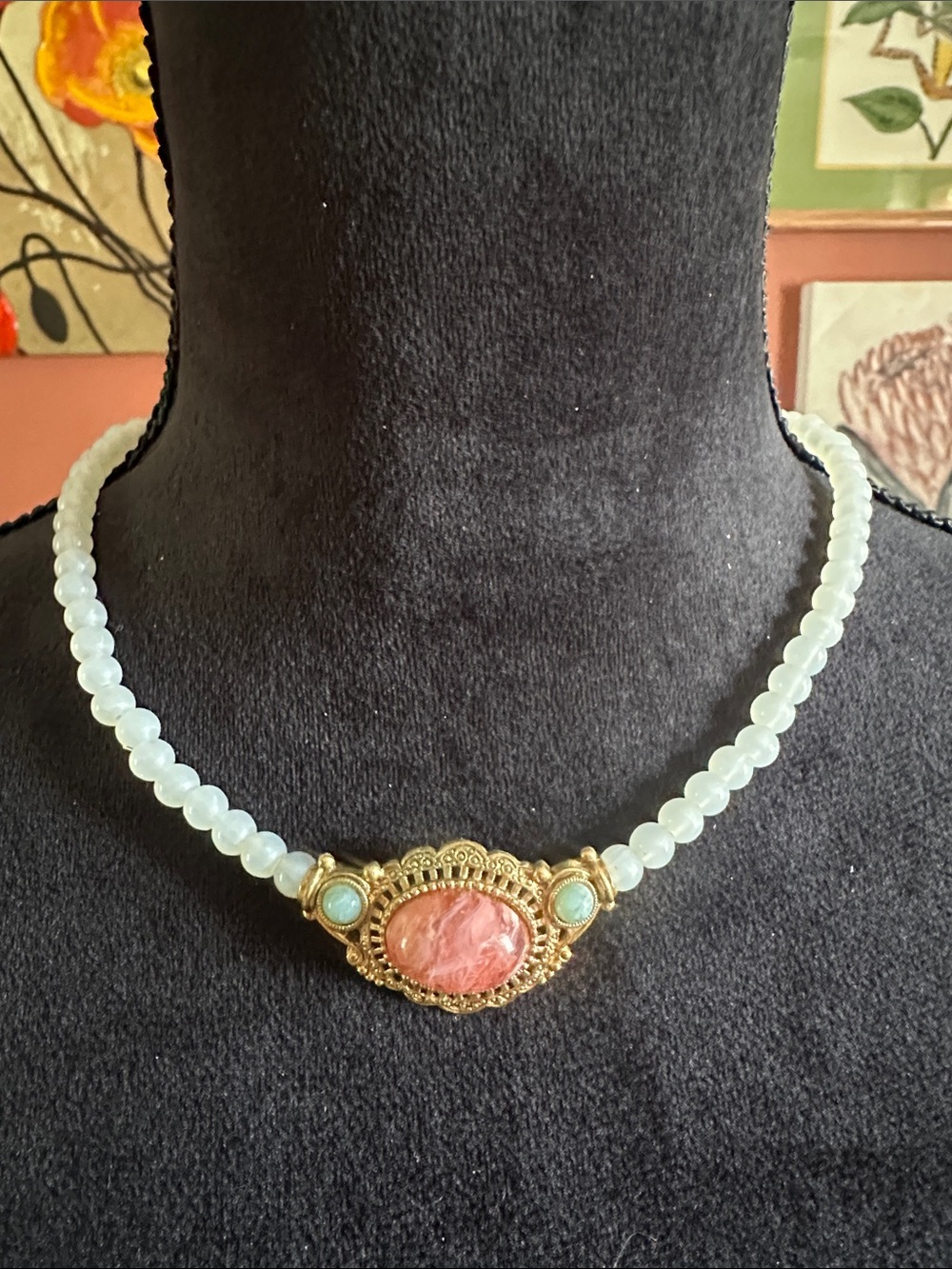 1928 Gold-Tone Necklace with Pink Center and Mint Accents